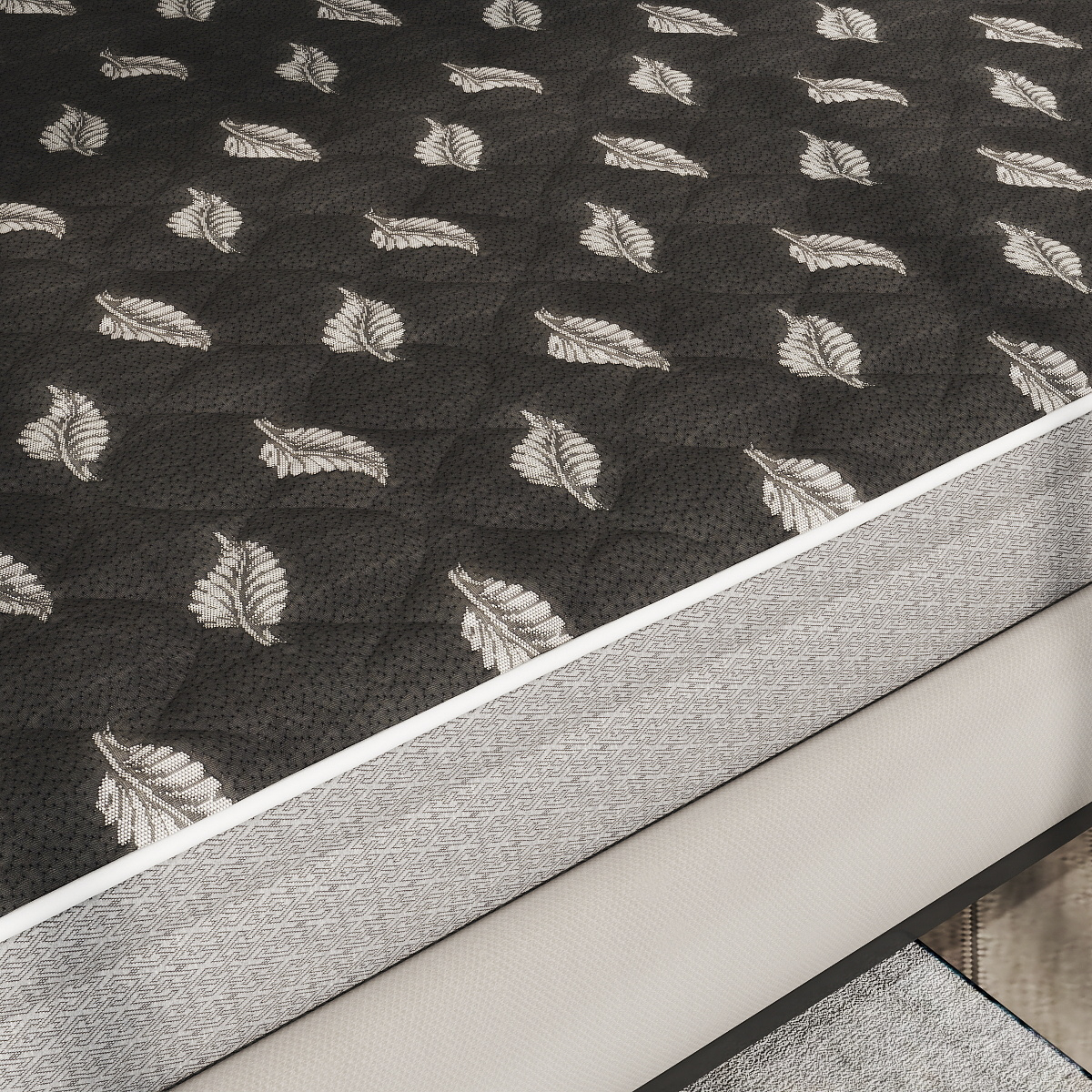 Dark Leaf Pattern Mattress Ticking Fabric – Knitted Jacquard Textile for Premium Mattress Covers